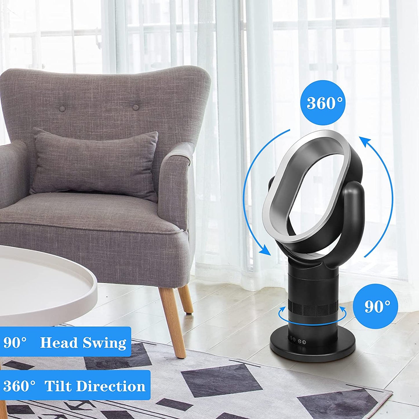HealSmart Medium size portable bladeless fan, small table fan, 10 speeds settings, 10-hour timing closure bladeless fan, stylish and modern fan, low noise, lightweight, 24 inches, black