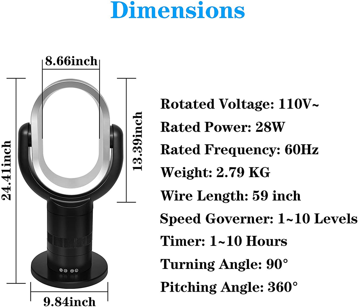 HealSmart Medium size portable bladeless fan, small table fan, 10 speeds settings, 10-hour timing closure bladeless fan, stylish and modern fan, low noise, lightweight, 24 inches, black