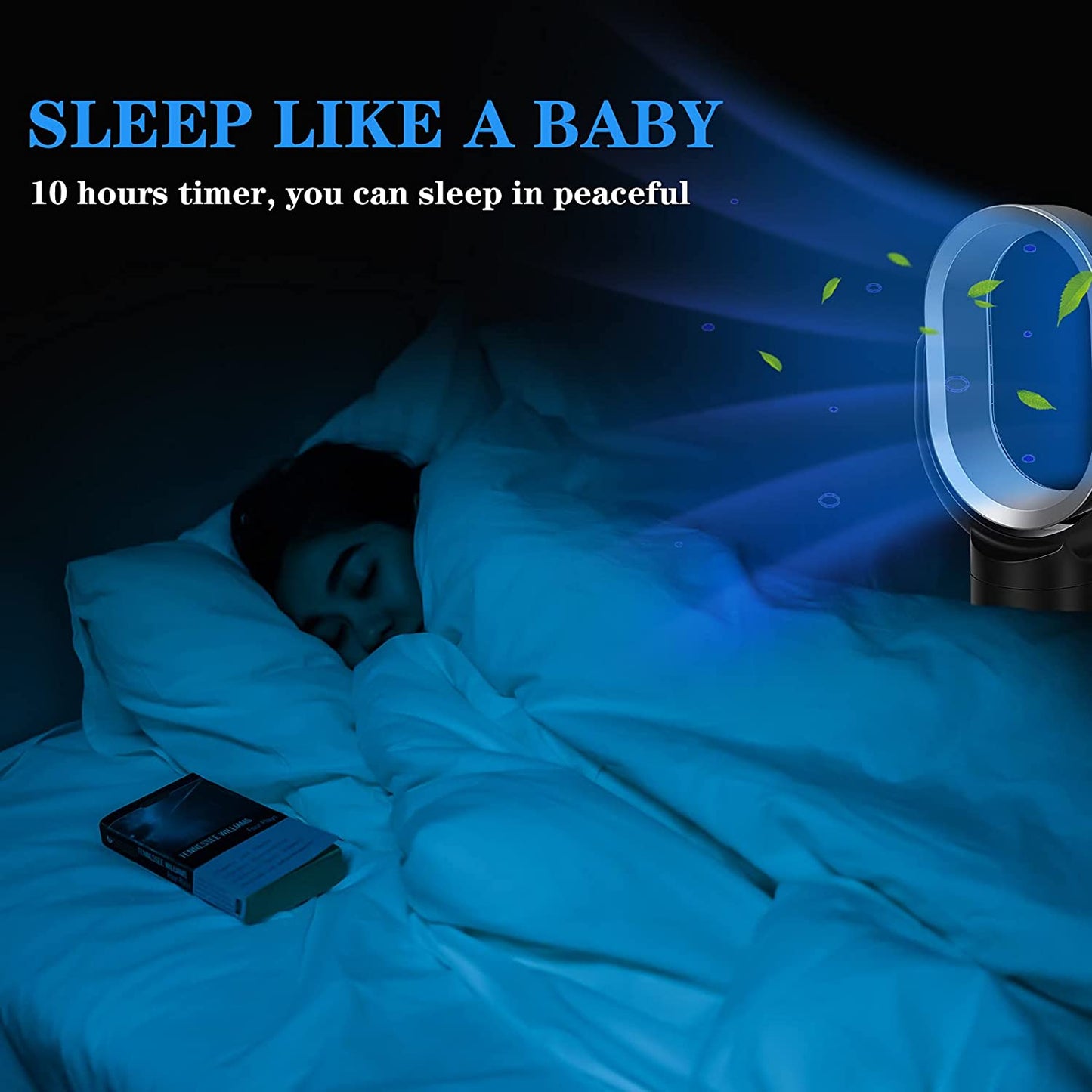 HealSmart Medium size portable bladeless fan, small table fan, 10 speeds settings, 10-hour timing closure bladeless fan, stylish and modern fan, low noise, lightweight, 24 inches, black