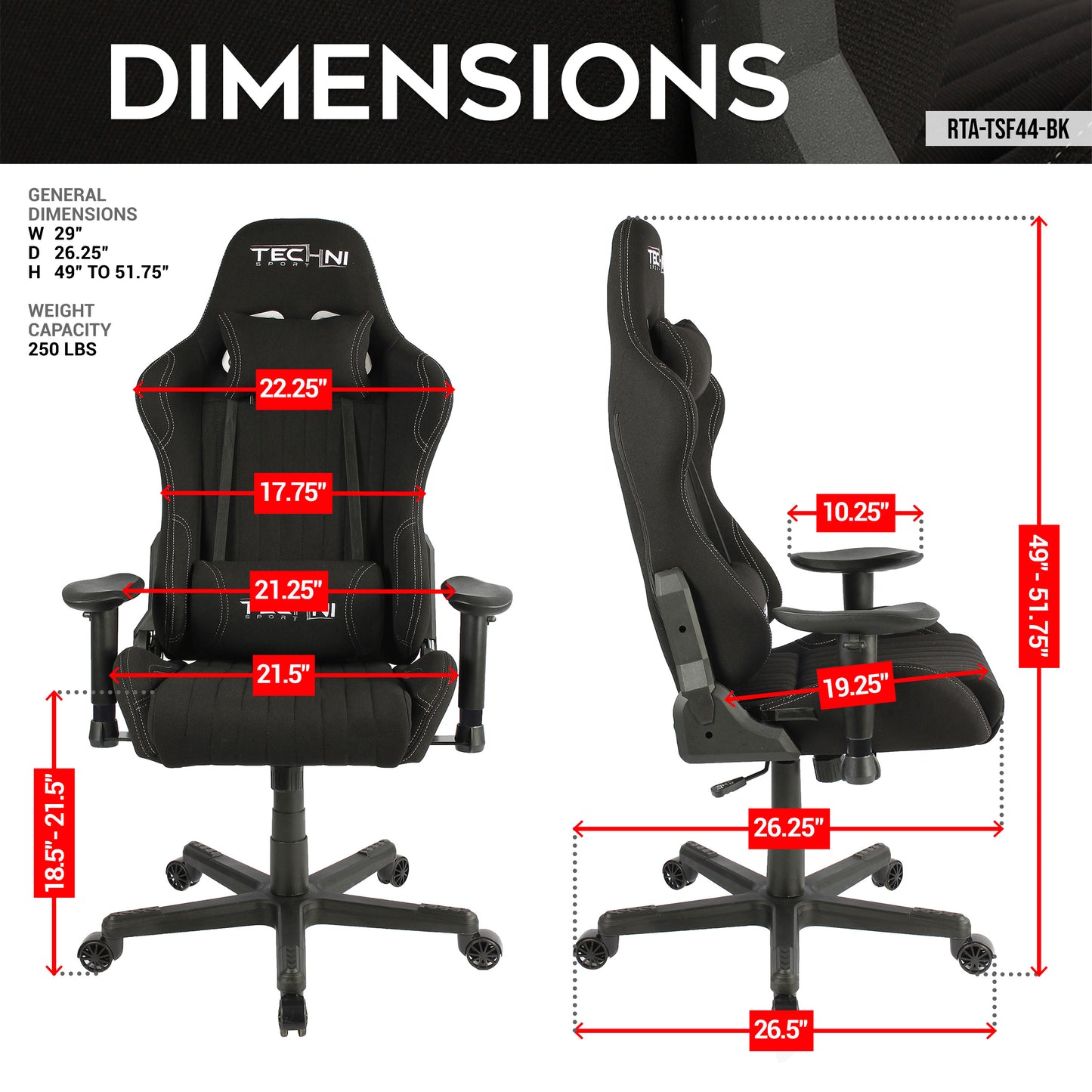 Techni Sport TS-F44 Fabric Ergonomic High Back Racer Style PC Gaming Chair, Black
