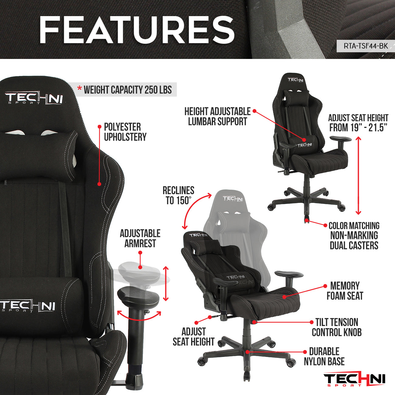 Techni Sport TS-F44 Fabric Ergonomic High Back Racer Style PC Gaming Chair, Black