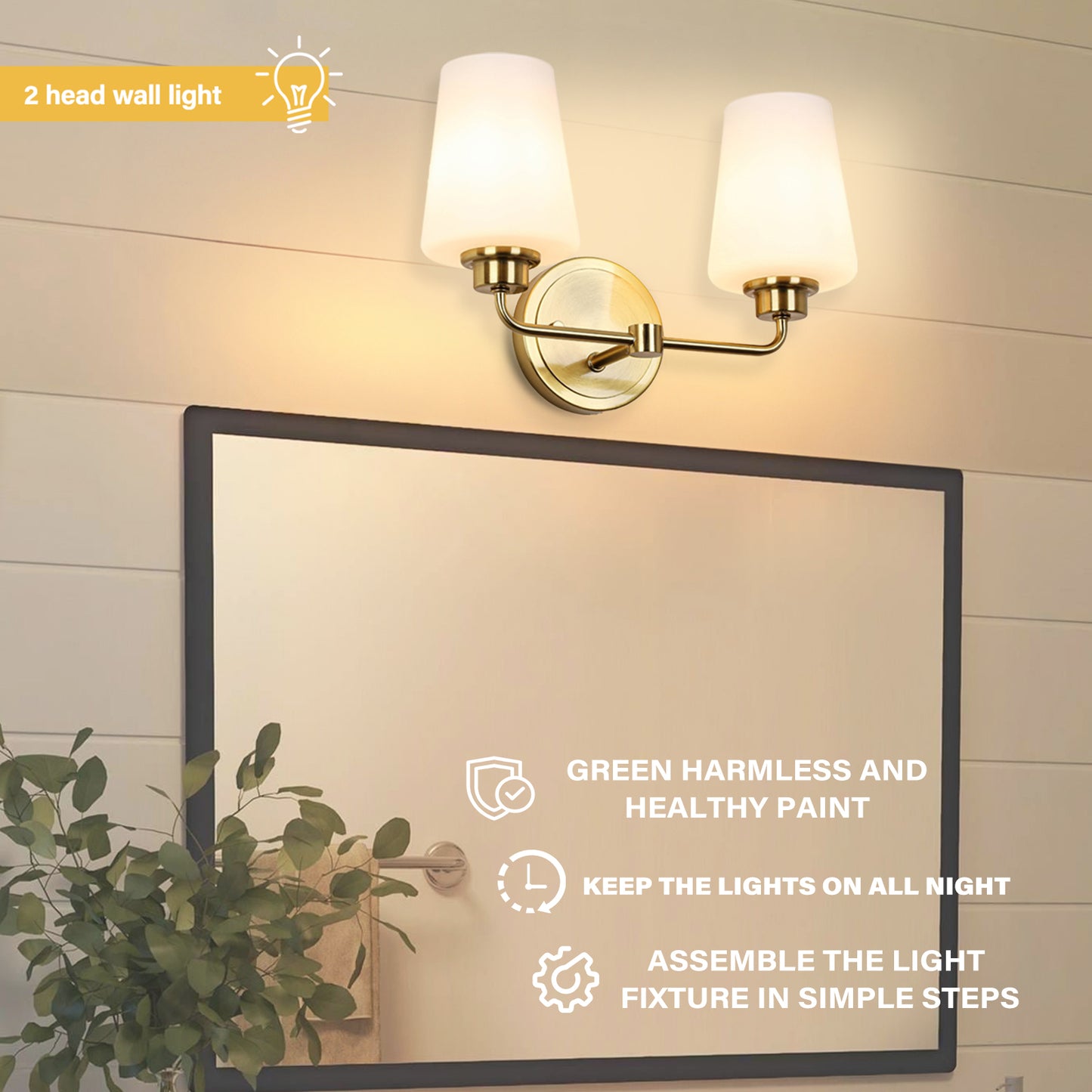 2-Light White Plus Gold Bathroom Vanity Light with Shade