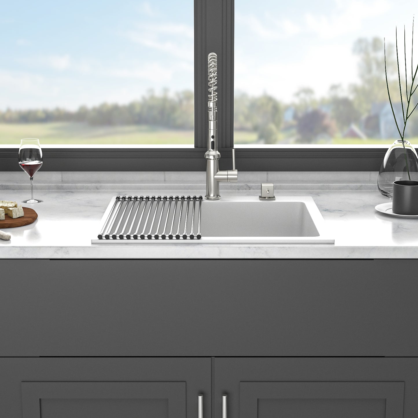 Quartz Kitchen Sink - 25 x 22" x 9.65" White Granite Composite Drop-in Single Bowl Kitchen Sink