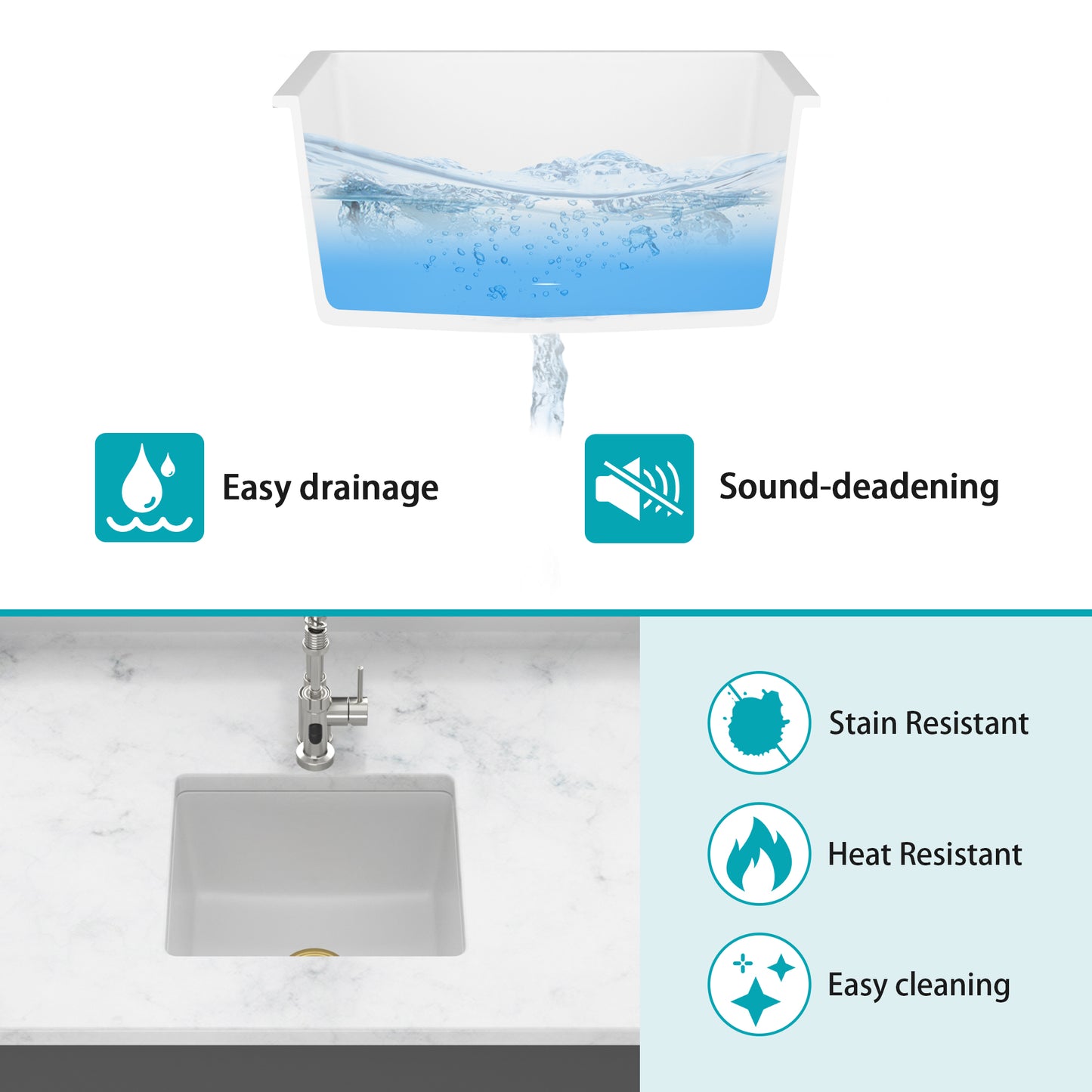 Quartz Kitchen Sink - 17.71"x15.74"x9" White granite composite undermount kitchen sink