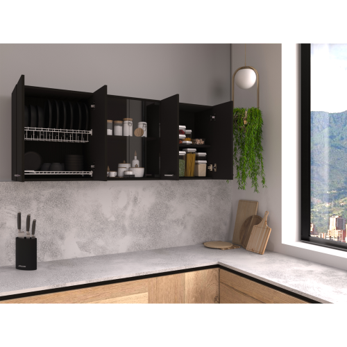Black Wall Cabinet with Glass Doors and Dish Rack