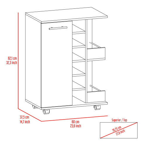 Bar Cart, Two External Shelves, Four Casters, Six Built-in Wine Rack, Single Door Cabinet -White