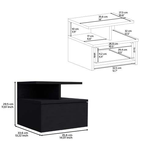 Black Wall-Mounted Floating Nightstand, 12inch H Drawer & 2-Tier Open Shelf Side Table