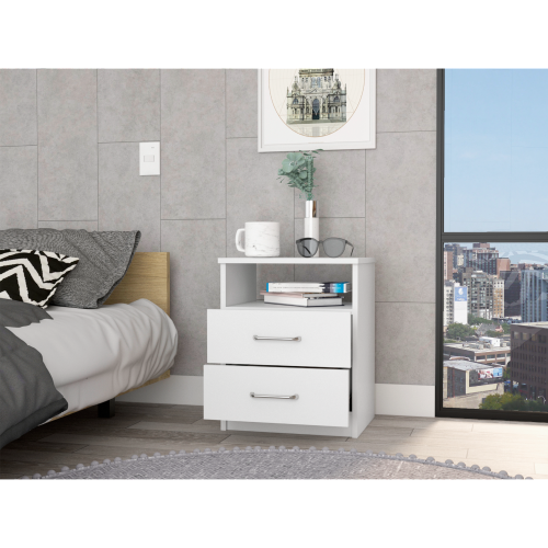 White 2-Drawer Nightstand with Open Shelf