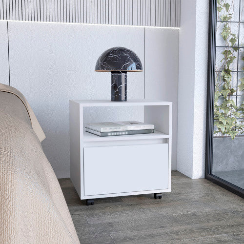 Nightstand 20inch H, with One Open Shelf, 1 Drawer and Casters, White