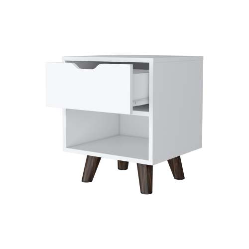 White Modern Nightstand, Drawer & Open Shelf with Wooden Legs