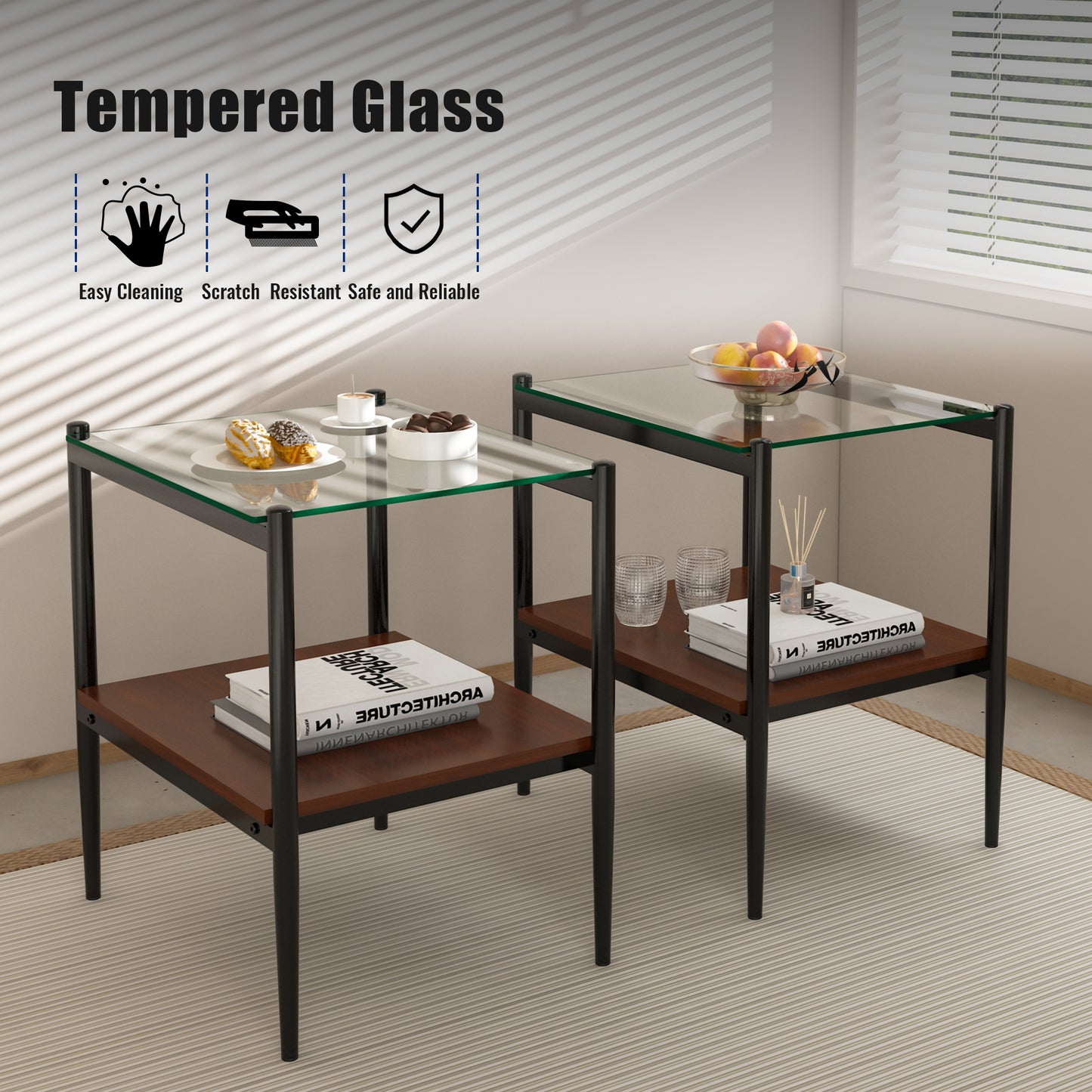 Set of 2 Rectangle End Table, Tempered Glass Tabletop with MDF layer, Modern Table for Living Room , Transparent Glass