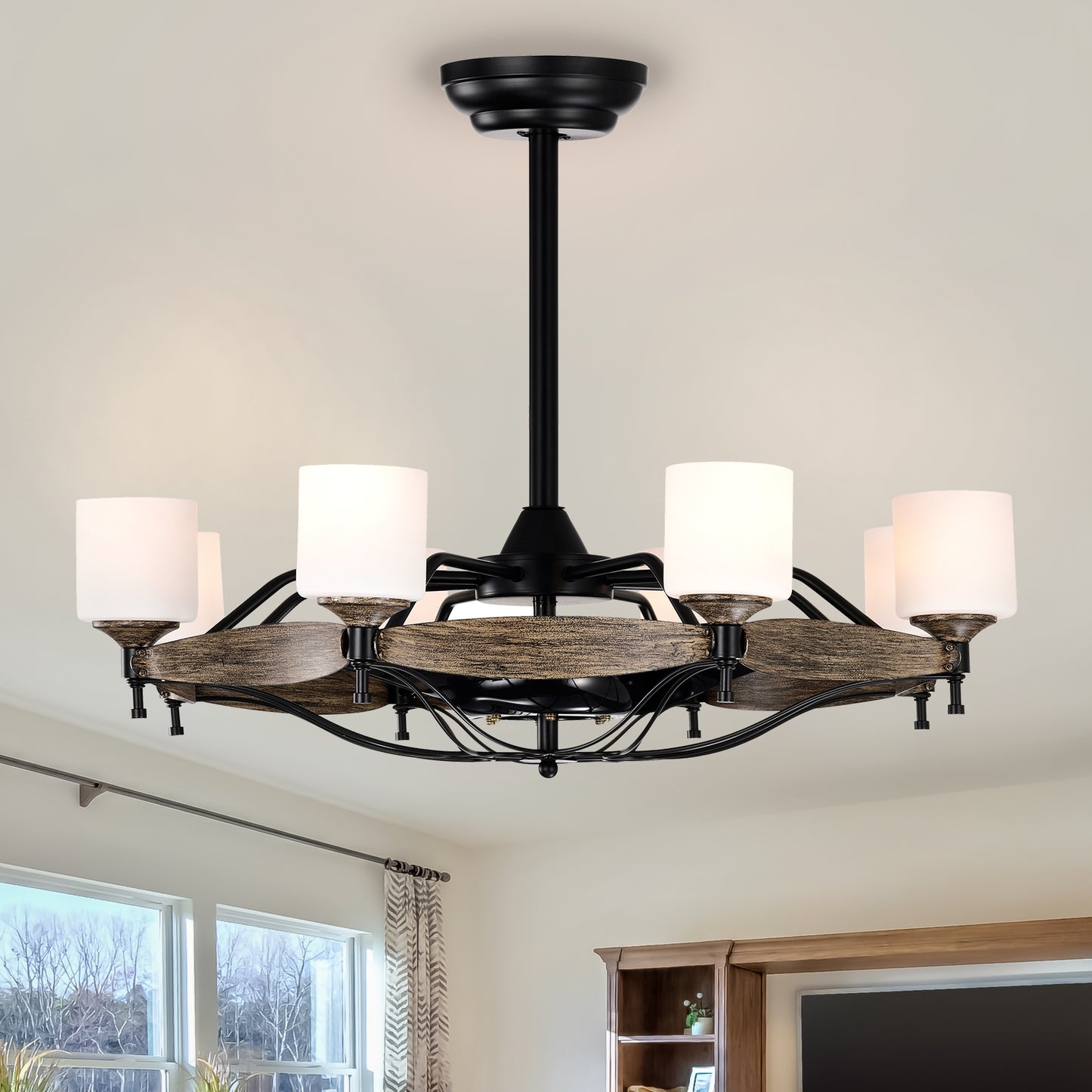 Dia 33 inch Chandelier Ceiling Fan for Bedroom Dining Room Living Room Kitchen Farmhouse Entry,Matte Black+ Wood Grain