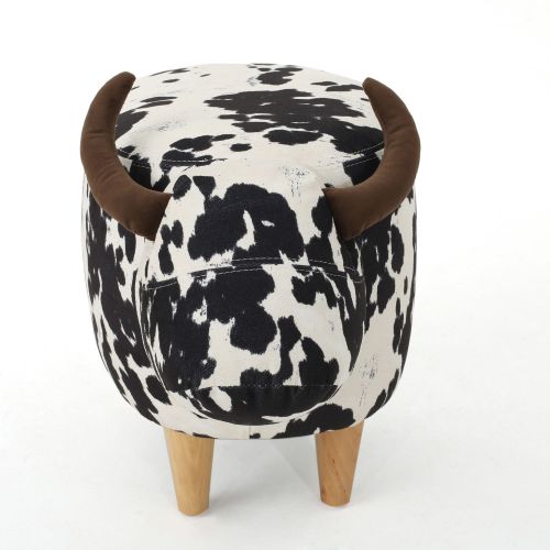 Black & White Cow Shaped Animal Ottoman, Fabric Footstool with Velvet Horns & Natural Birch Legs for Indoor & Outdoor Decor