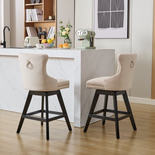 Swivel Velvet Barstools with Button Tufted Decoration and Wooden Legs, and Chrome Nailhead Trim, Leisure Style Bar Chairs,Bar stools, Set of 2 (Beige)