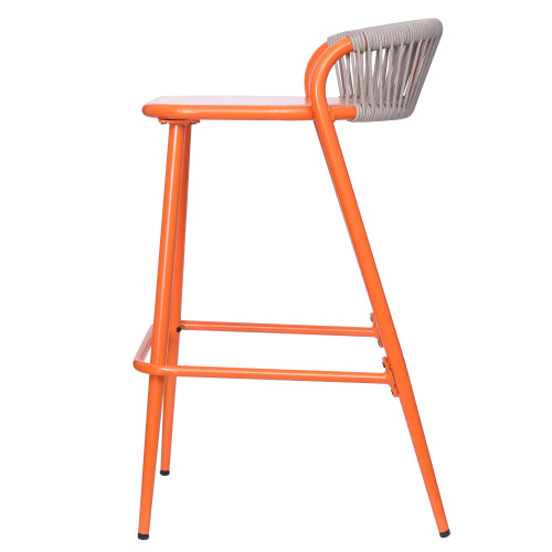 Outdoor 29" Seat Height Aluminum Frame Barstools with Rope-woven Scallop-shaped Backrest, Set of 2, Orange