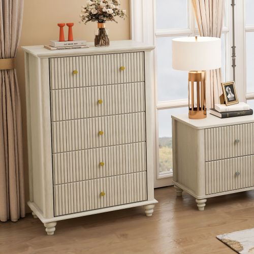 Fluted 5 Drawer Dresser, 45 Inch Tall Modern Chest of Drawers, Bedroom Dresser with Metal Handle, Wooden Drawer Organizer for Bedroom, Living Room, Hallway, Entryway, Beige