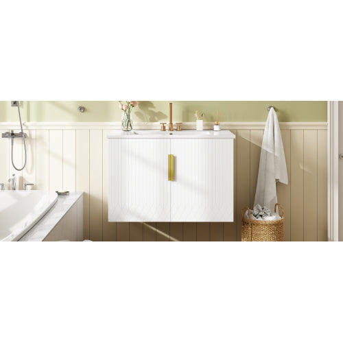 30" Vintage Bathroom Vanity with Ceramic Sink, with 3 Holes Single Ceramic Sink, Bathroom Storage Vanity Cabinet with 2 Soft Closing Doors