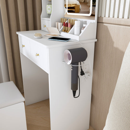 White Small Vanity Desk w/ 3-Color LED Mirror, 3 Drawers, Open Shelves, Power Outlet, Hair Dryer Holder & Chair