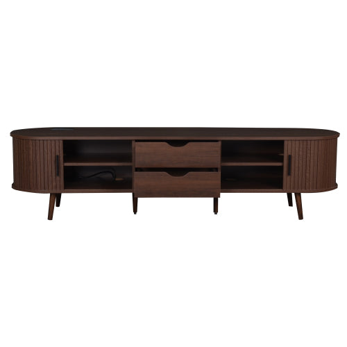 70.8 Inch Mid-Century TV Stand with Tambour Doors, Rattan Drawers & Power Outlet for 80 Inch TV