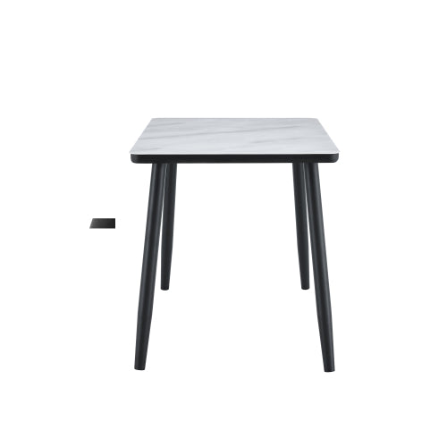 Marble Pattern Glass Dining Table with Black Tapered Metal Legs