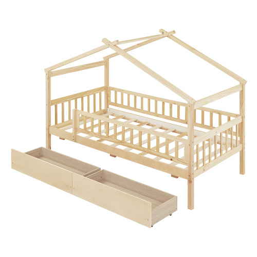 Twin Size Wooden House Bed with Two Drawers, Natural