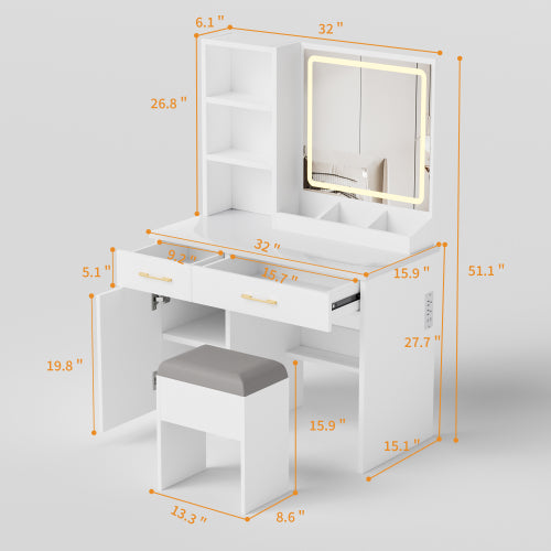 White Vanity Desk with Mirror & Lights, Power Outlet, 3 Lighting Modes, Cabinet Drawers, Shelves & Storage Stool