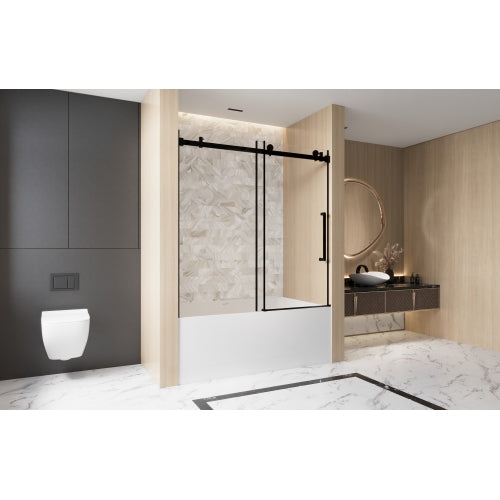 Frameless Single sliding shower door 56-60 "W x 60" H, 1/4 "(6 mm) Clear Tempered Glass, Explosion Proof Film, Stainless Steel Handle,Square Tube Track ,Matte Black