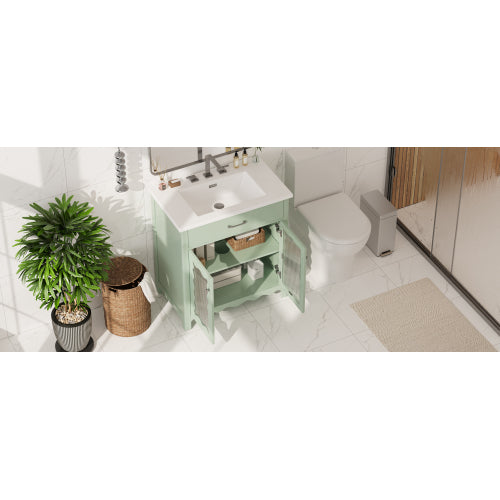 31" Bathroom Vanity with Tempered Glass, Modern Bathroom Cabinet with Rubber Wood legs and Soft close Doors, Green