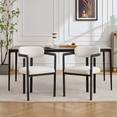 Modern Boucle Dining Chairs Set of 2, Mid-Century Upholstered Kitchen Chairs with Black Metal Legs