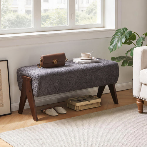 Modern Decorative Chenille Fabric Bench, Ergonomic Padded Entry Bench with Solid Wood Legs, Upholstered Ottoman Bench for Foyer Bedroom Living Space