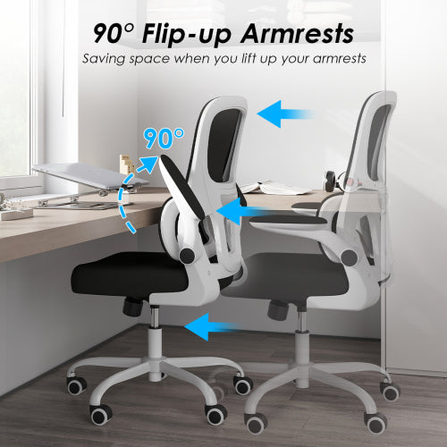Office Chair, Mesh Ergonomic Office Chair with Lumbar Support, Comfy Computer Desk Chair with Flip Armrest Rolling Wheels for Home Study Room Office, White & Black