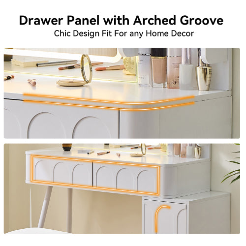 White Modern Vanity Desk Set, Fluted Wave Panel, 3 Color Dimmable LED Mirror, Adjustable Side Cabinet & PU Stool
