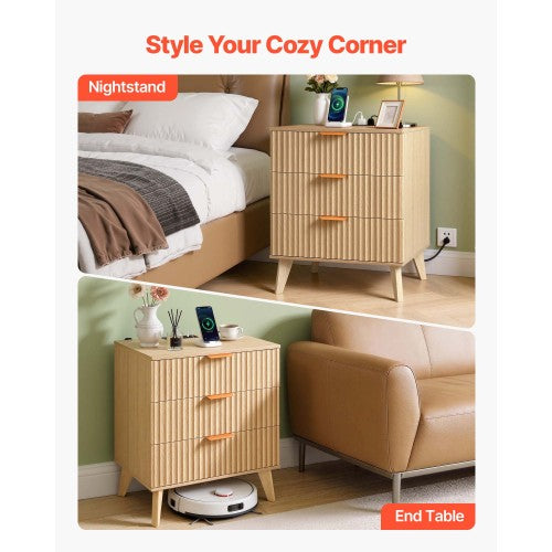 Khaki Mid-Century Fluted Nightstand with Charging Station
