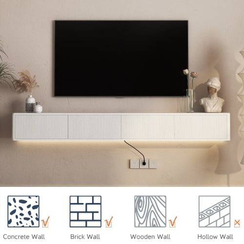 White Floating Wall Mount High Gloss TV Stand with 16 Color LED Lights & Power Outlet