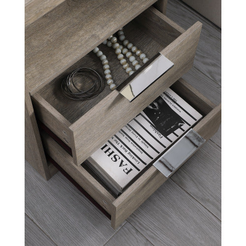 Gray Nightstand with Charging Station, 2 Drawers & Open Shelf Wooden Modern End Table