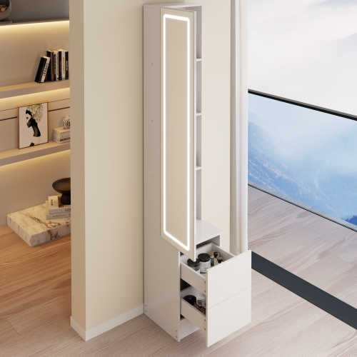 63 inch Full-Length LED Mirror Cabinet, Cosmetic & Jewelry Storage Organizer, Touch 3-Color Light, Multi-Layer Shelves