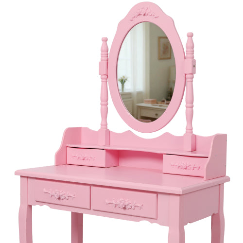 Pink Princess Vanity Desk Set with Mirror & Cushioned Stool, 4-Drawer Wooden Makeup Vanity Table for Girls' Bedroom, Dressing Table with Ample Storage