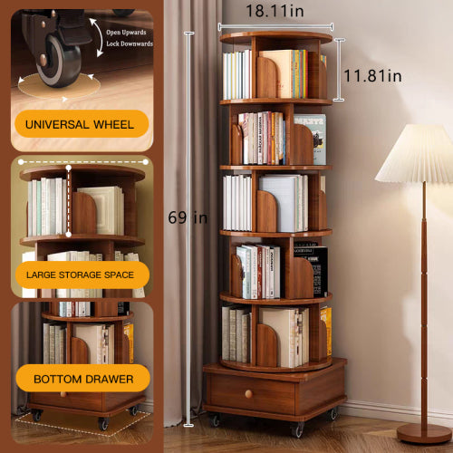 Rotating Bookshelf, 360 Display Corner Bookshelf for Small Space, 6 Tier Bookcase Storage Rack with Wheels, Wood Narrow Organizer for Bedroom, Living Room, Study Room, Walnut Brown