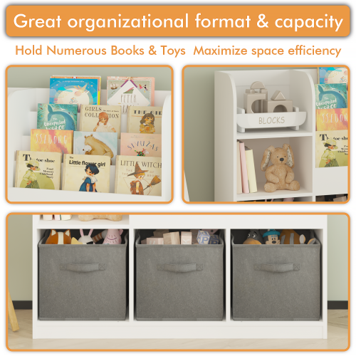 Kids Bookcase with 3 Fabric Drawers, MDF Toy Storage Organizer, White/Gray