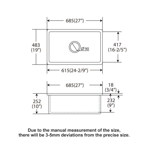 27"x19"x10" Undermount Single Bowl Fireclay Kitchen Sink - Dual Mount White Porcelain Fireclay Rectangular Deep Single Bowl Sink Basin