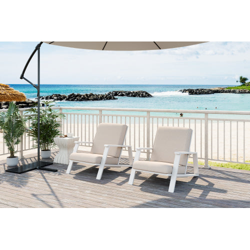 Patio Lounge Chair Set of 2, Outdoor Club Chair with Beige Cushion and White Acacia Wood Frame