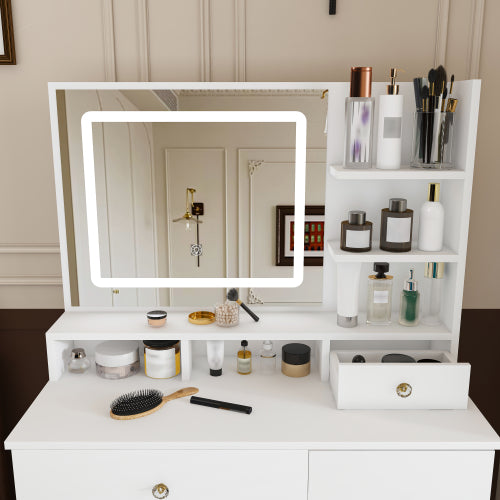 Fashion Vanity Desk w/ 3-Color Dimmable LED Mirror, 4 Silent Sliding Drawers, Open Storage Shelf, White