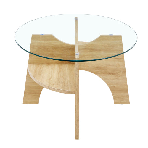 Oval Tempered Glass Coffee Table 41.3 Inch Wood Grain Legs Modern Accent