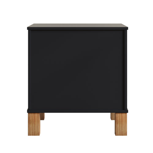 Black Fluted Nightstand, 2-Drawer Bedside Table with Metal Handles & Solid Wood Legs