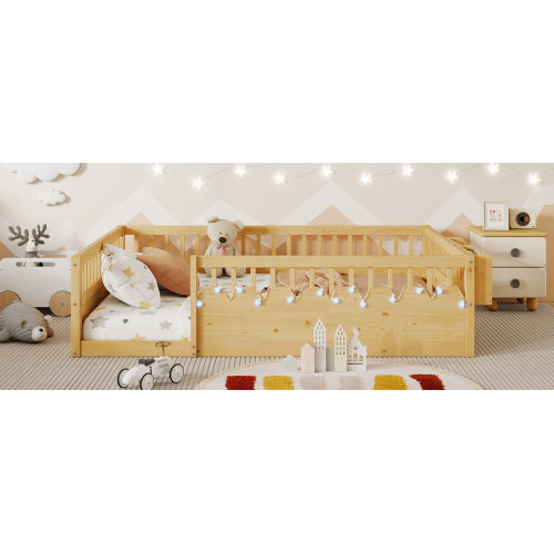 Full Montessori Floor Bed Frame with High Rails, Wood Kids Floor Beds with Light and Storage Shelf, Natural