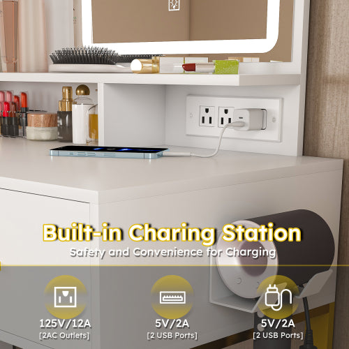 Makeup Vanity with LED Lights&3 Color and Power Outlet Makeup Vanity Table with 5 Drawers with Sturdy Metal Leg and Metal Chair Dressing Table for Bedroom Dressing Room (White)