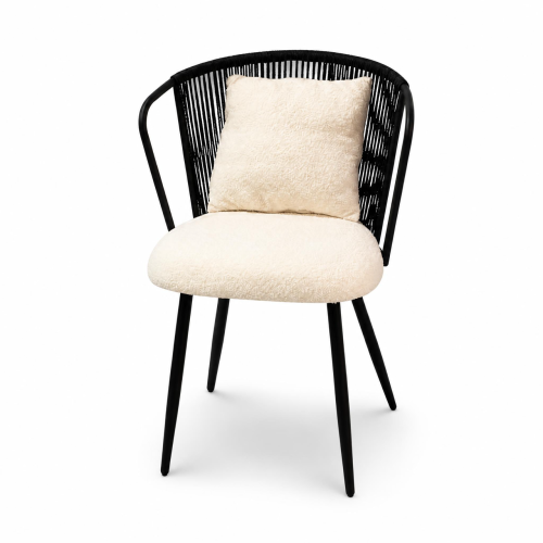 PE Rattan Dining Armchairs with Teddy Cushions and Pillows, Set of 2, Black