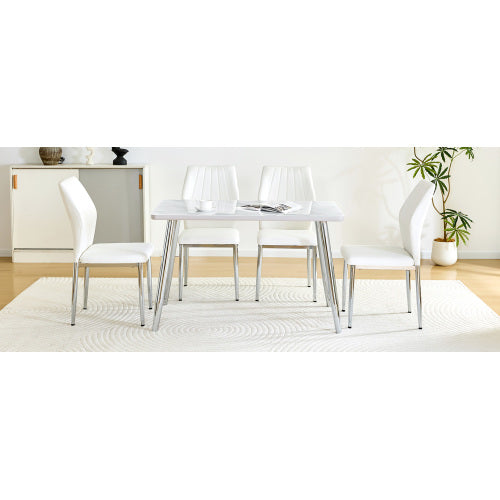 5-Piece Marble Glass Dining Set, Double-Layer Table & 4 White PU Shell Pattern Chairs