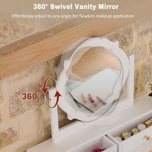 White Compact Vanity Table Set with Reversible Adjustable Mirror, 5 Drawer Storage & PU Cushioned Stool