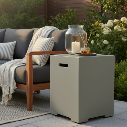 Propane Tank Cover 16 Inch, 20 LB Outdoor Tank Storage Hideaway Table for Gas Fire Pits, Concrete Tank Holder, Cement grey, light grey